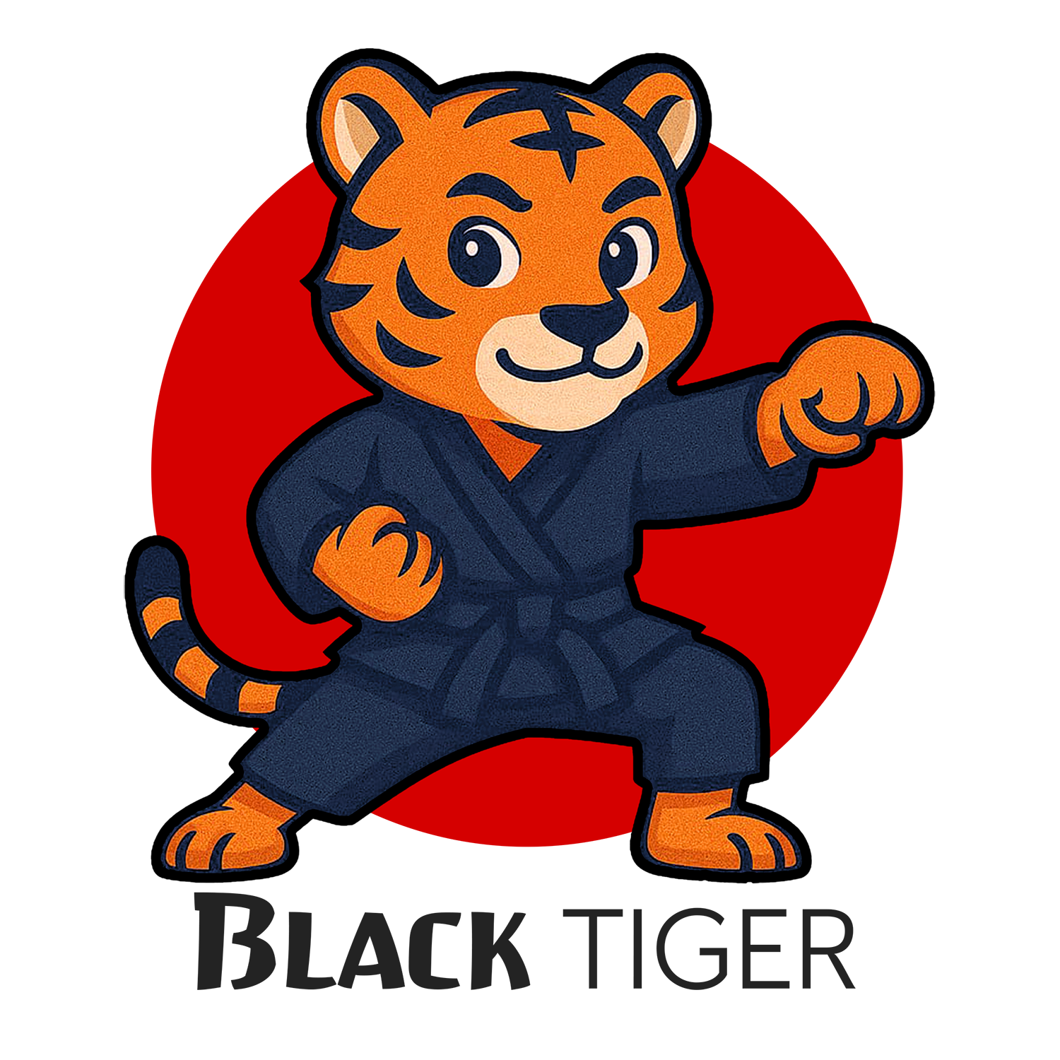 Cartoon-Tiger in Karateuniform mit blauem Gürtel; roter Kreishintergrund, Text lautet „JUNIOR TIGER“.