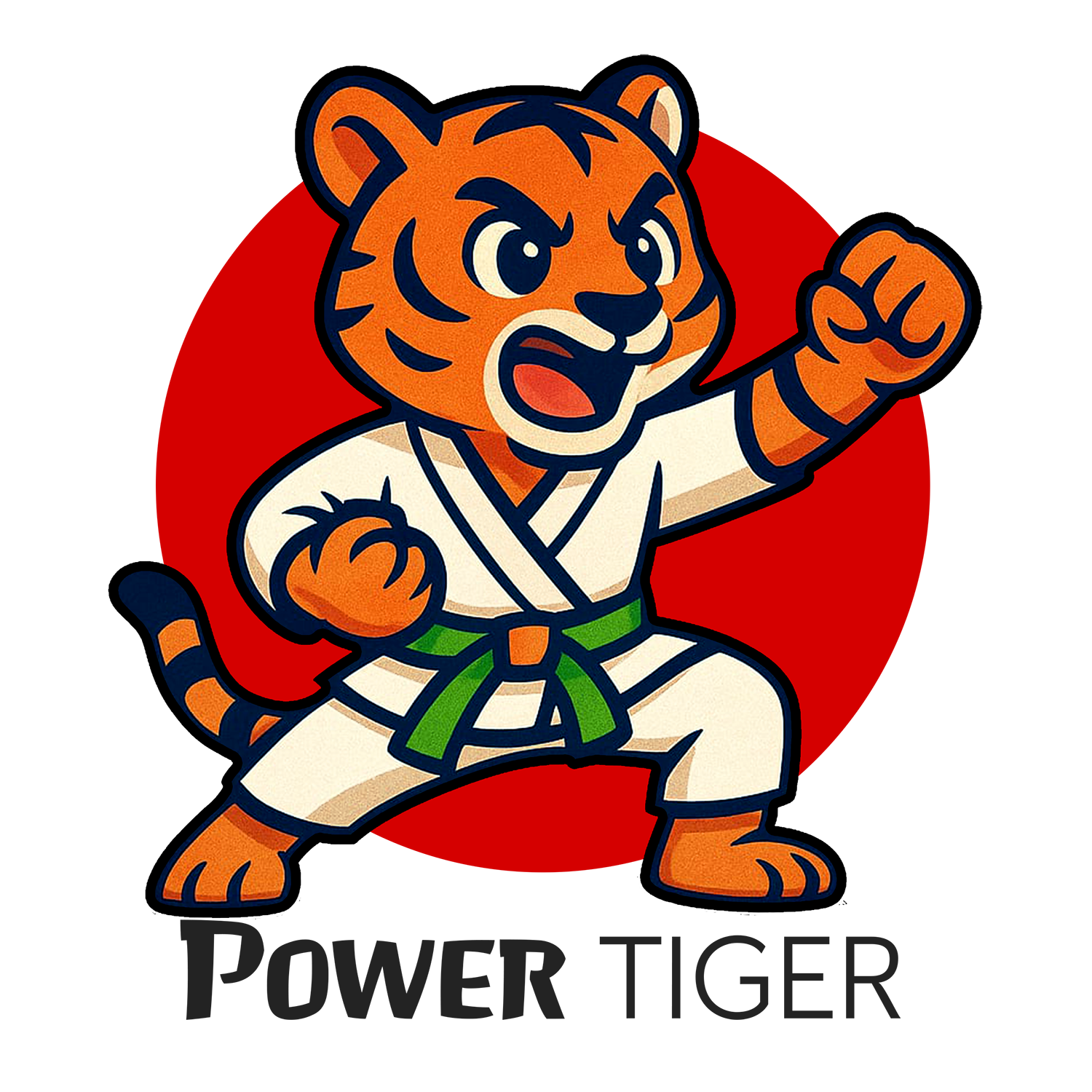 Cartoon-Tiger in Karateuniform mit blauem Gürtel; roter Kreishintergrund, Text lautet „JUNIOR TIGER“.
