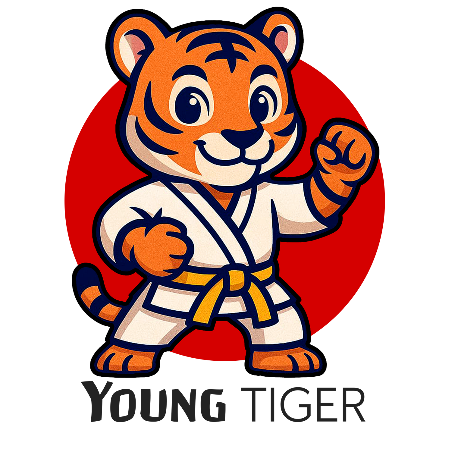 Cartoon-Tiger in Karateuniform mit blauem Gürtel; roter Kreishintergrund, Text lautet „JUNIOR TIGER“.