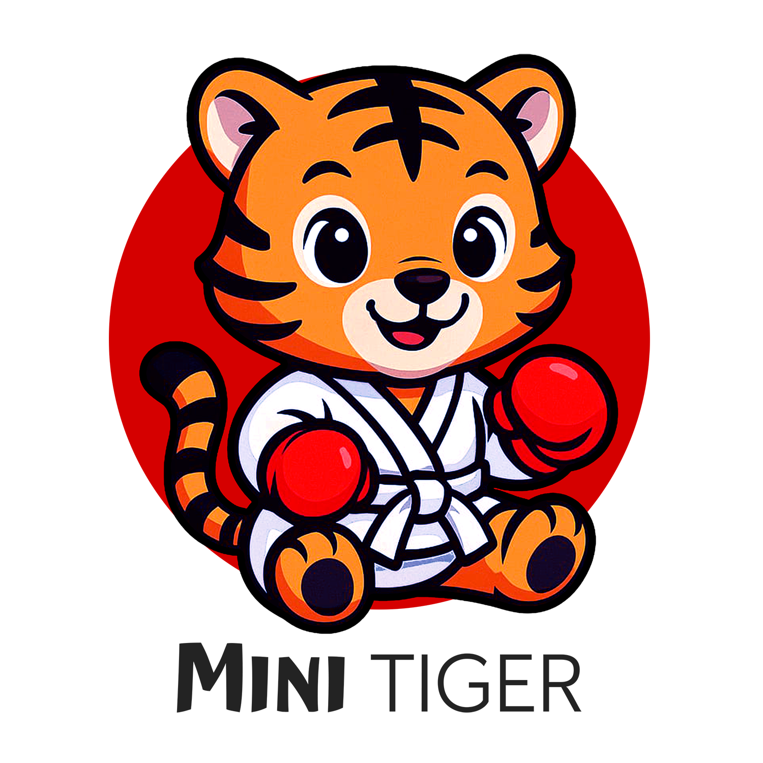Cartoon-Tiger mit Karate-Gi und roten Boxhandschuhen sitzt vor einem roten Kreis.
