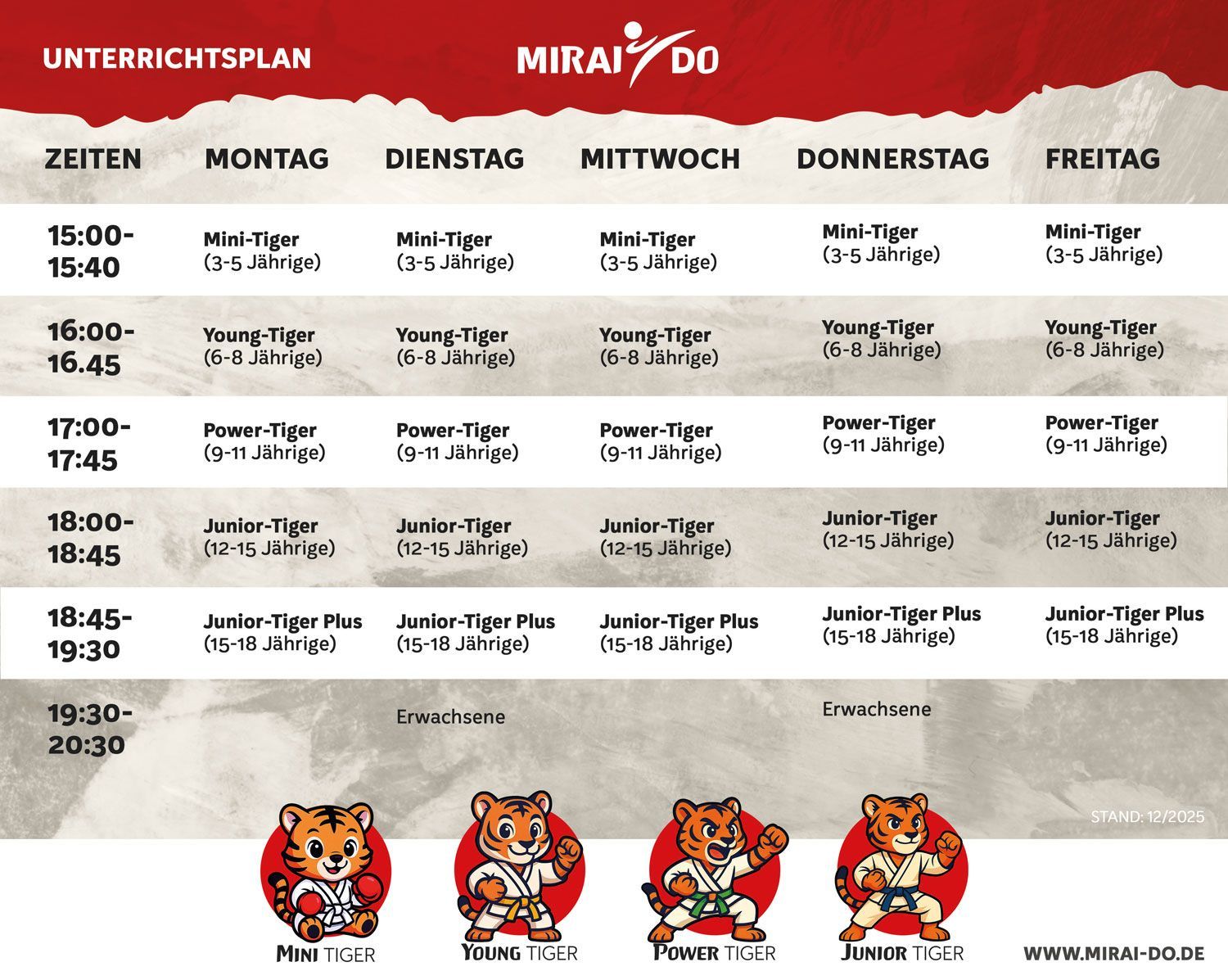 Ein Wochenplan mit Zeitfenstern für verschiedene Altersgruppen: Mini, Young, Puma, Junior, Junior Plus und Erwachsene.