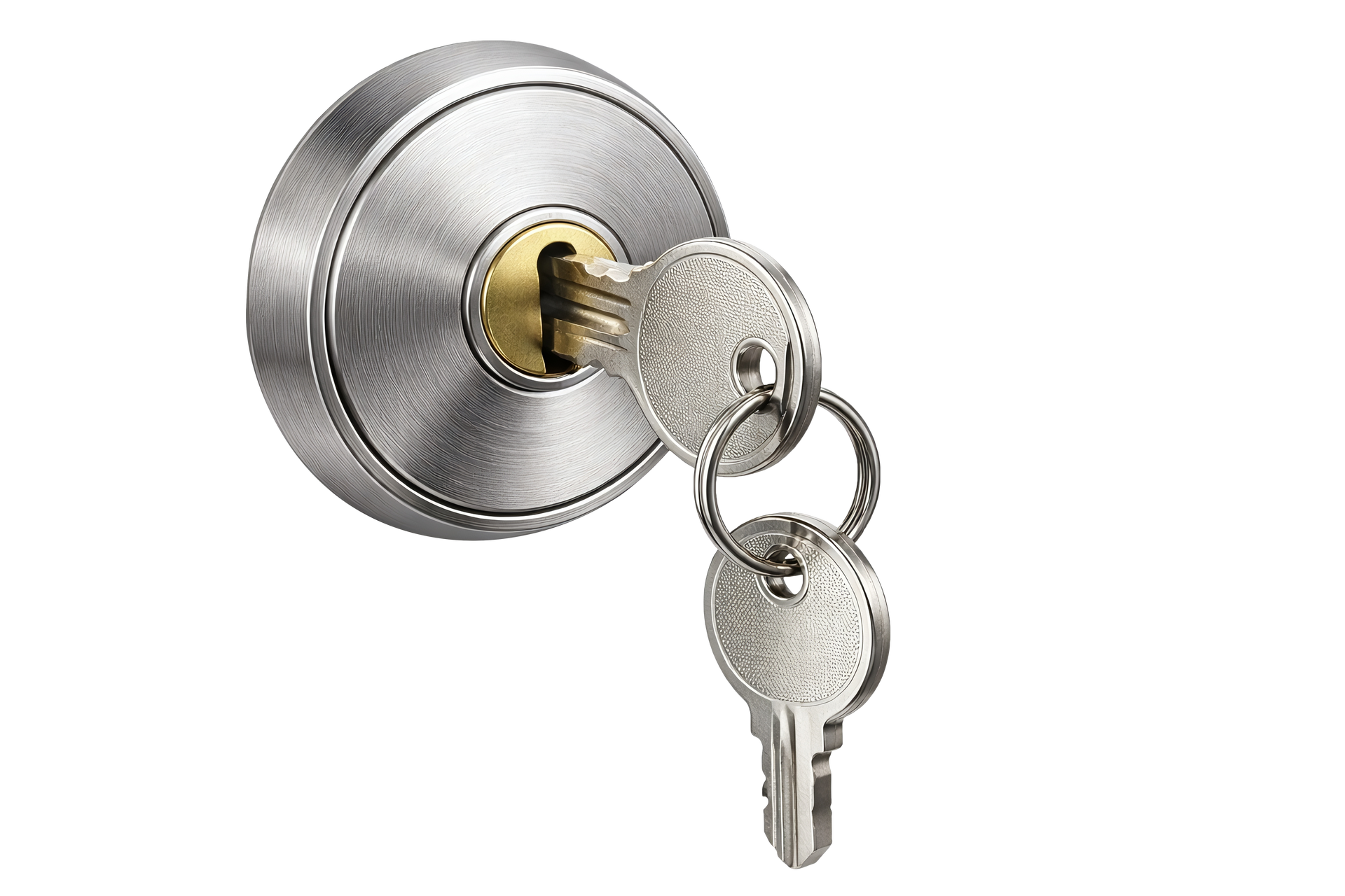 Une serrure de porte argentée avec deux clés insérées ; gros plan sur fond blanc.