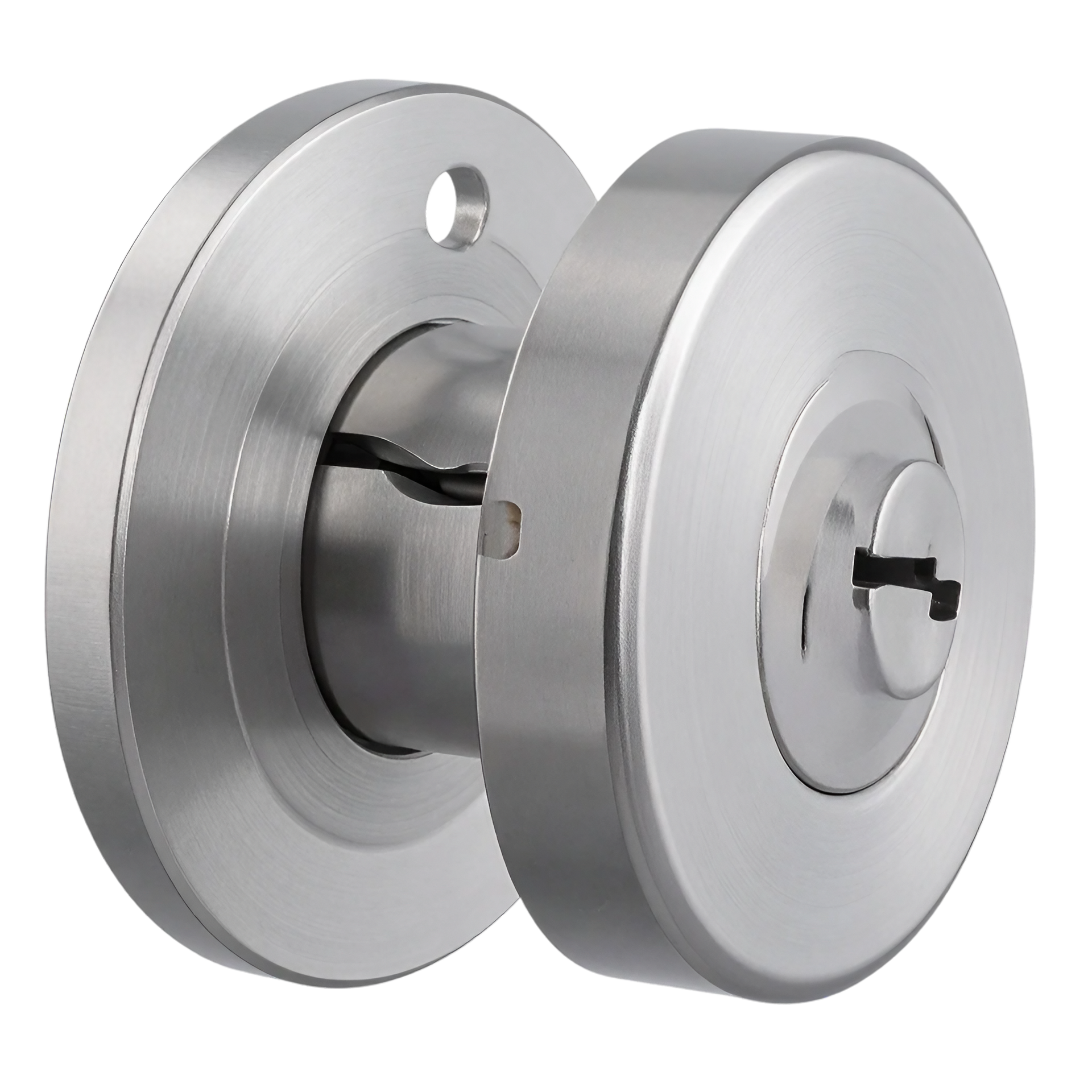 Serrure de porte en acier inoxydable avec clé insérée.