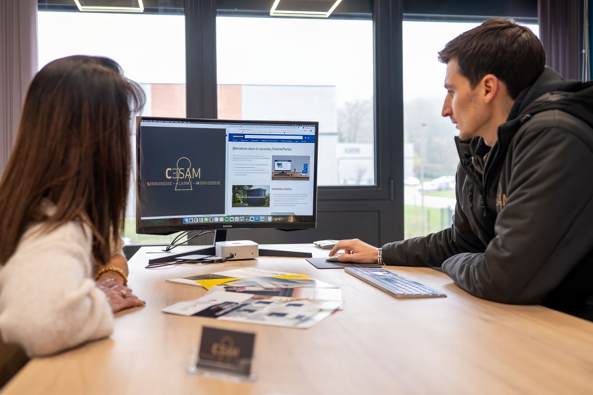 Deux personnes, assises à un bureau, regardent un écran d'ordinateur. L'une d'elles désigne un pointeur avec une souris.