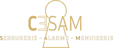 Logo: CESAM, keyhole graphic, and text "Serrurerie - Alarme - Menuiserie".