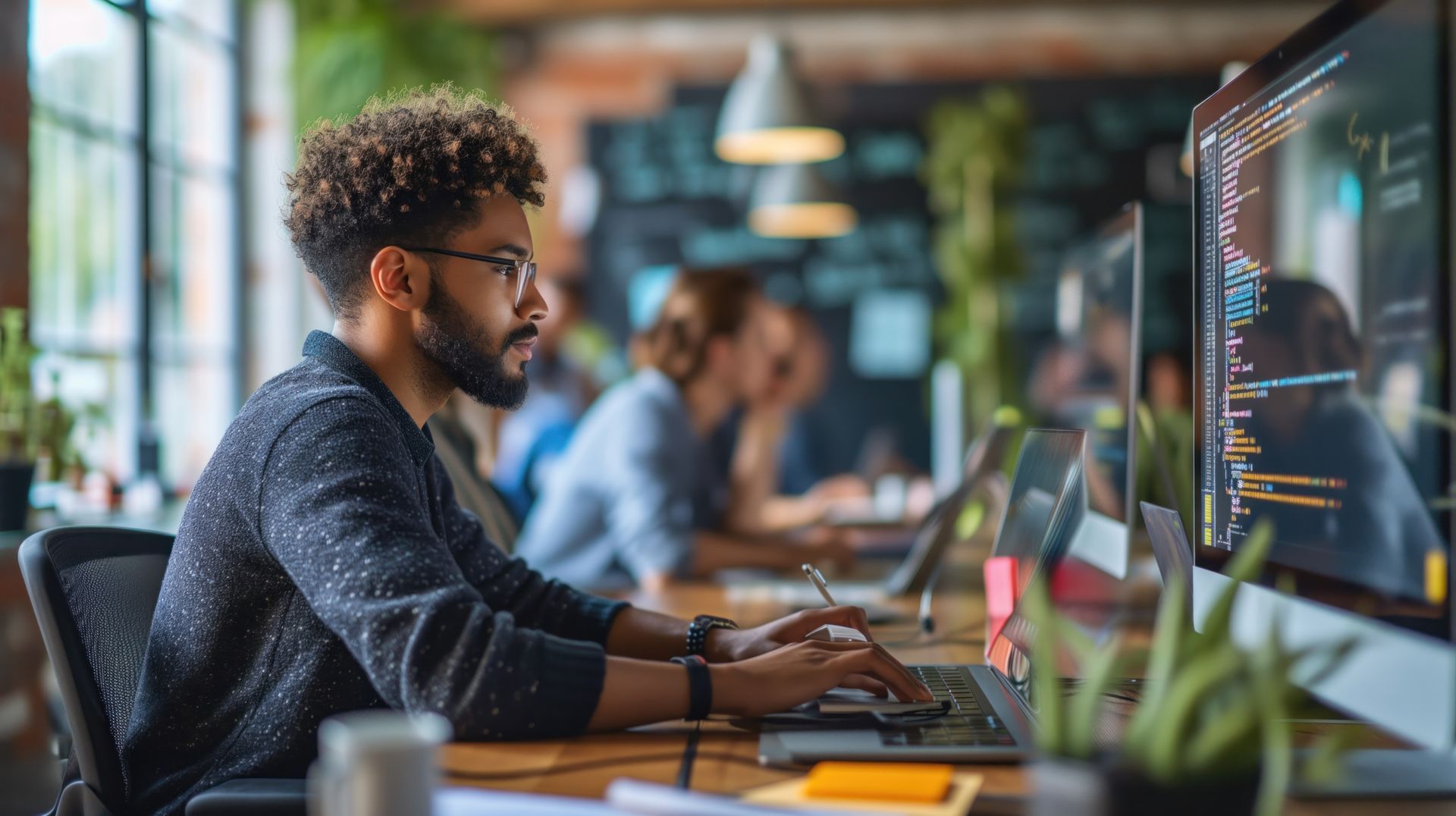 Hombre con gafas programando en un ordenador en una oficina luminosa, con otros trabajadores visibles