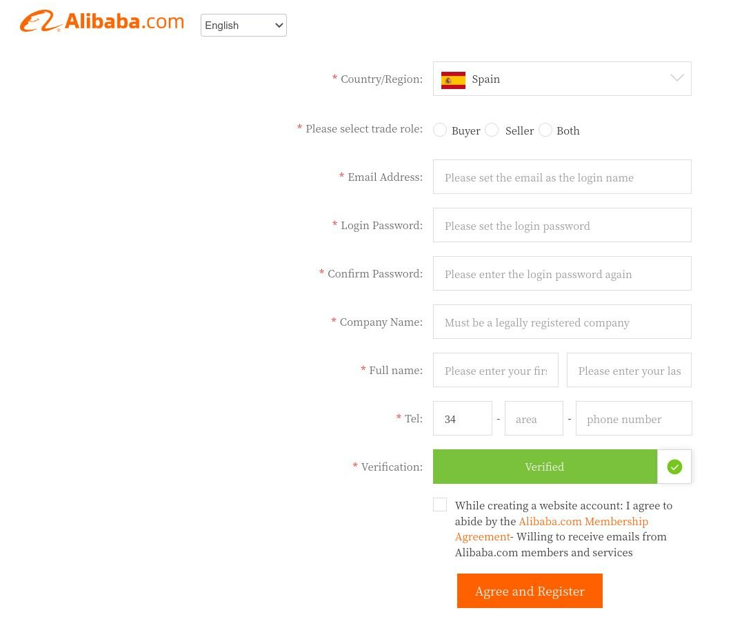 cómo crear una cuenta en Alibaba, verifica en un paso