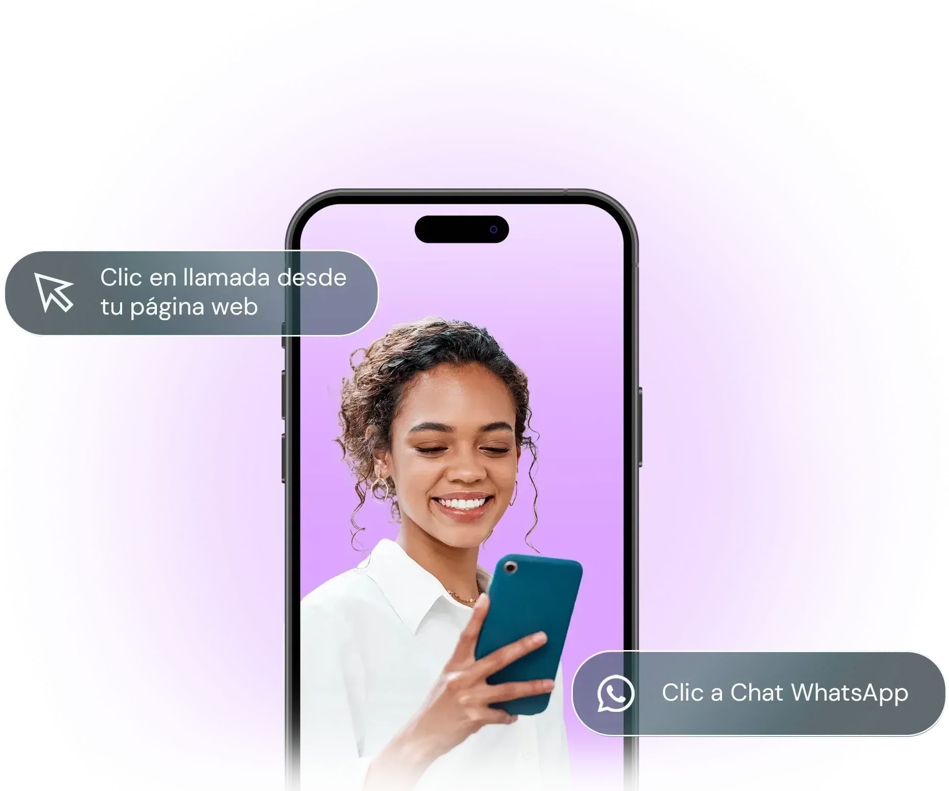 Mujer sonriendo mientras sostiene un teléfono. Textos superpuestos: 