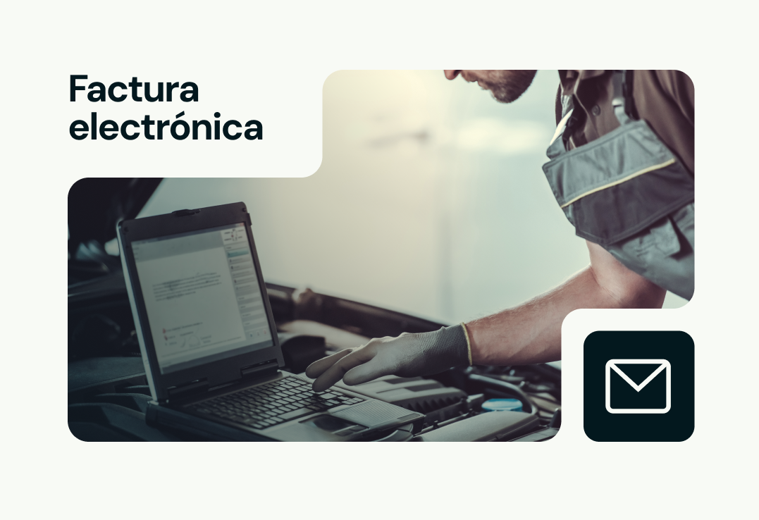 Un hombre está trabajando en una computadora portátil con las palabras factura electrónica en la parte inferior