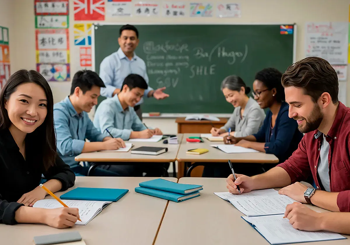 Clase de idioma diversa; estudiantes escribiendo en escritorios con un profesor al fondo.