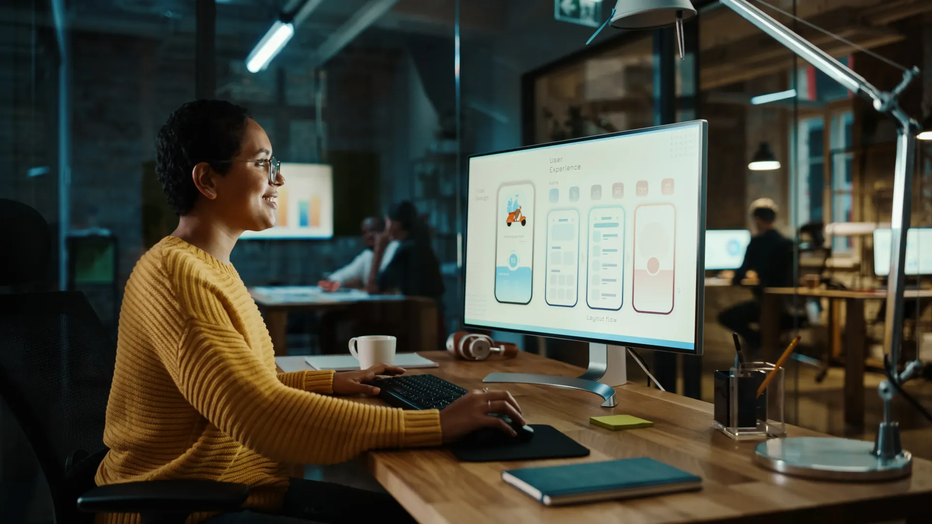 Una mujer está en frente de su ordenador creando el diseño de una app