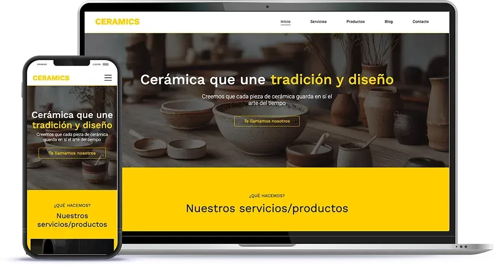 Maqueta de sitio web de un estudio de cerámica. Teléfono y portátil con texto amarillo y blanco sobre una imagen de cerámica.