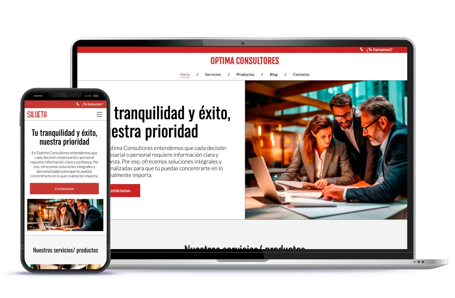 A laptop and phone displaying a website with three businesspeople and text: