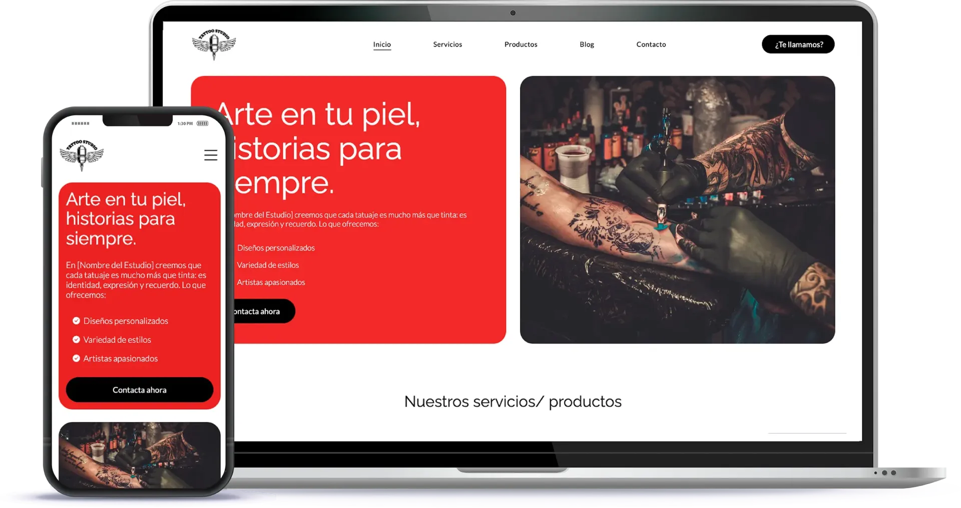 Teléfono inteligente y computadora portátil que muestran el sitio web de un estudio de tatuajes; diseño en rojo y blanco, foto de un artista del tatuaje.