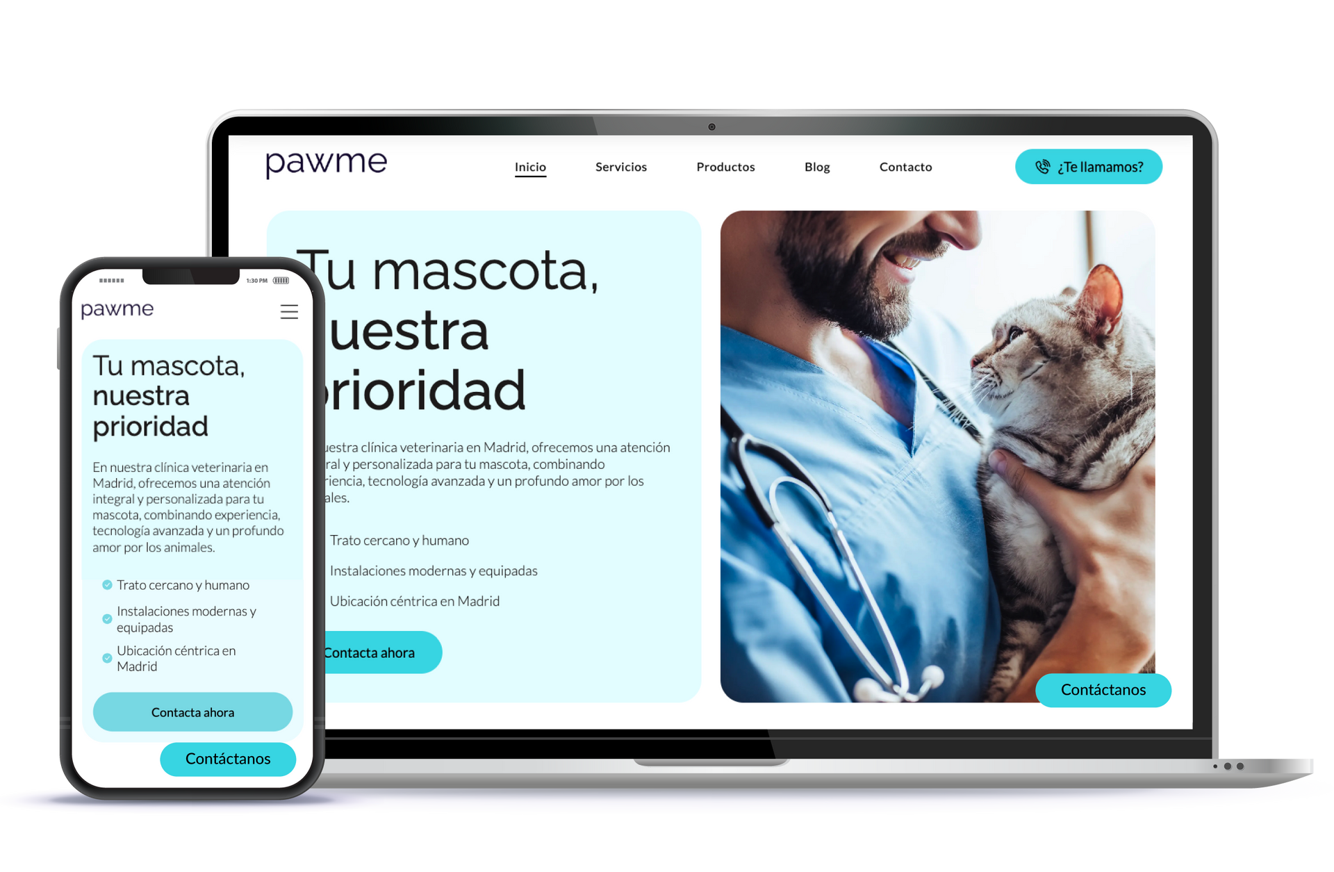 Sitio web mostrado en una laptop y un teléfono, con un veterinario sosteniendo un gato. Texto
