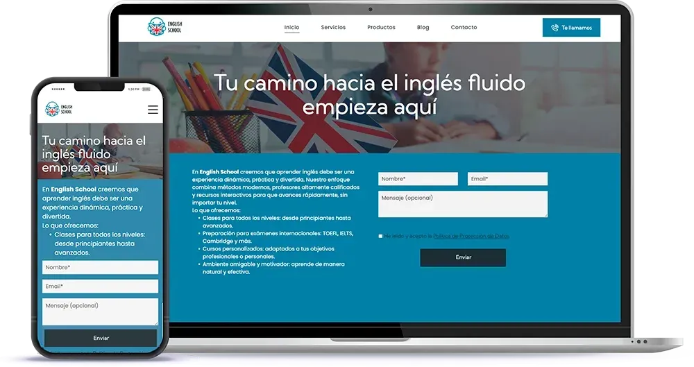 Sitio web que muestra el aprendizaje del idioma inglés, con teléfono y computadora portátil, en color verde azulado y blanco.