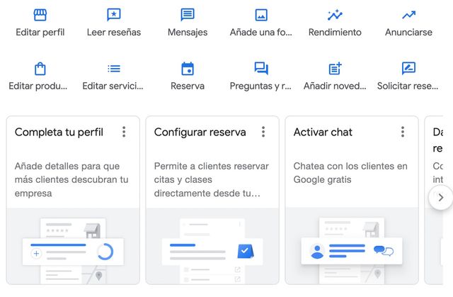 Interfaz de usuario de Google My Business mostrando opciones para completar el perfil, configurar reservas y activar chat para optimizar la presencia en línea de una empresa paso a paso en 2024.