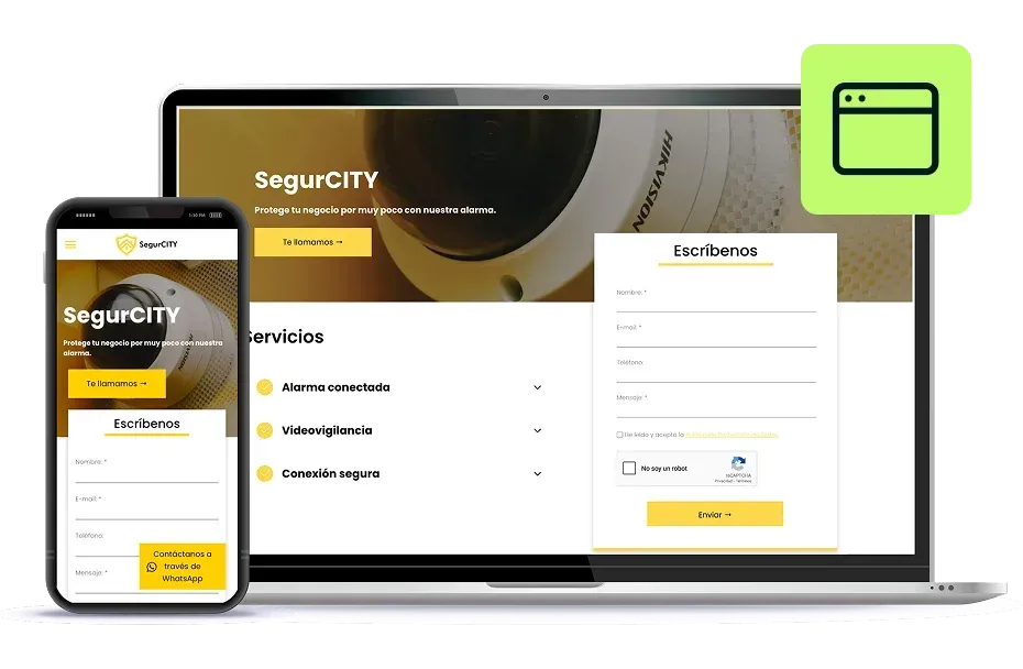 Diseño de página web para portátil y móvil, mostrando los servicios de seguridad de SegurCITY en amarillo y blanco, con un formulario de contacto en el teléfono.