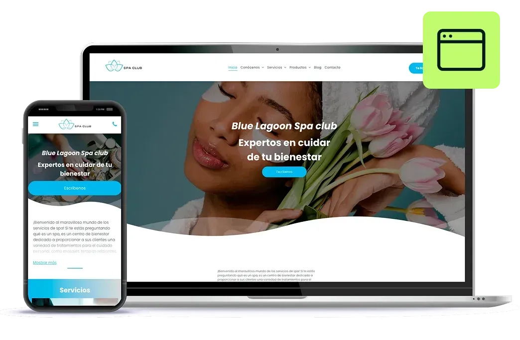 Computadora portátil y teléfono que muestran un sitio web con una mujer, tema de spa y texto.