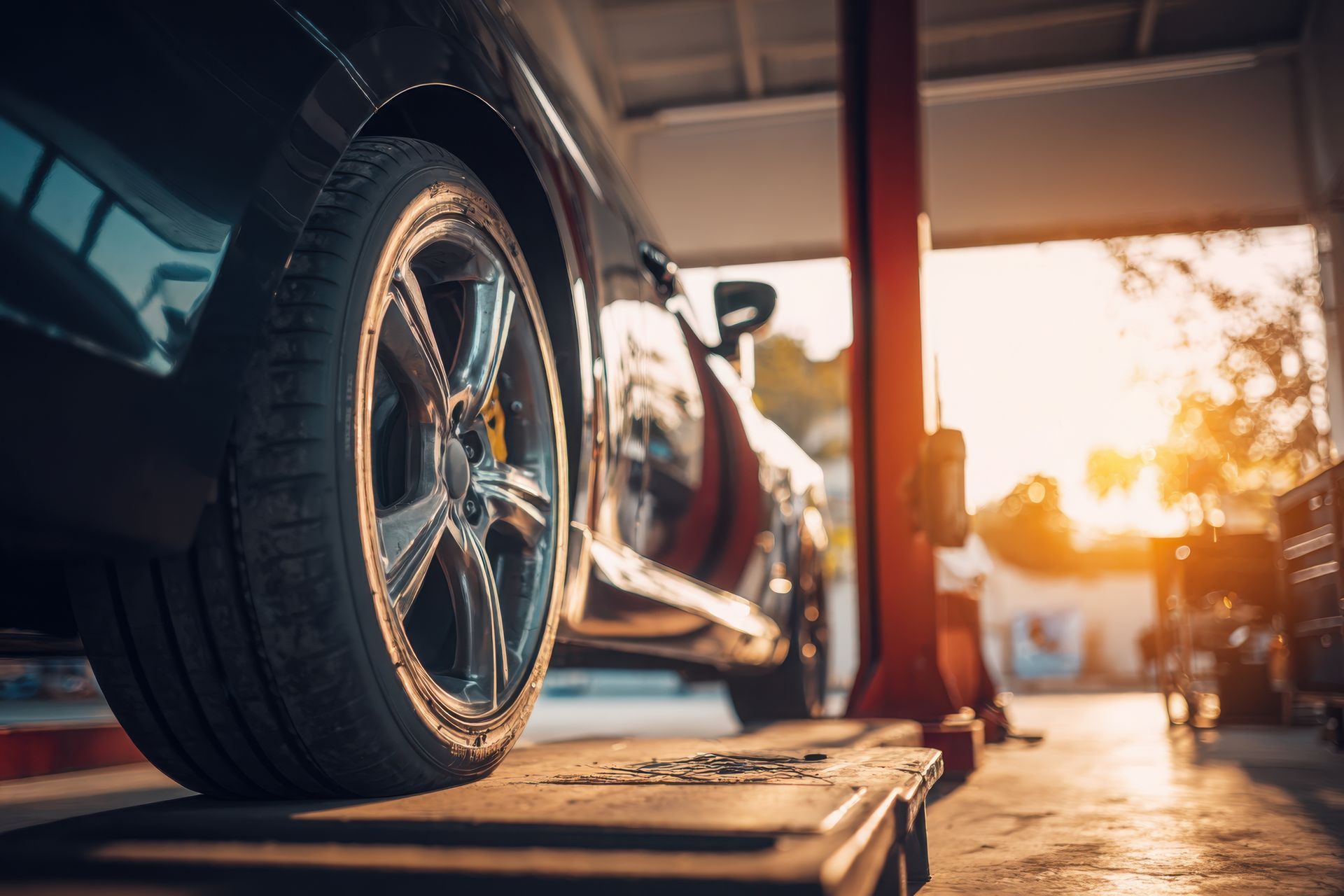 Un mécanicien utilise une clé de pneumatiques pour changer un pneu de voiture sur un pont élévateur dans un garage.