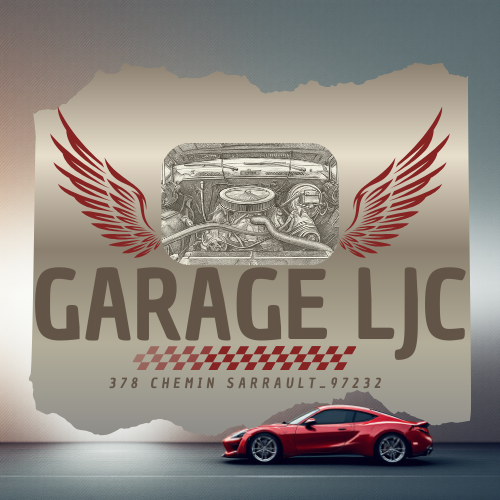 Logo du garage LJC avec détail du moteur de voiture, ailes rouges et adresse 378 Chemin Sarraut.