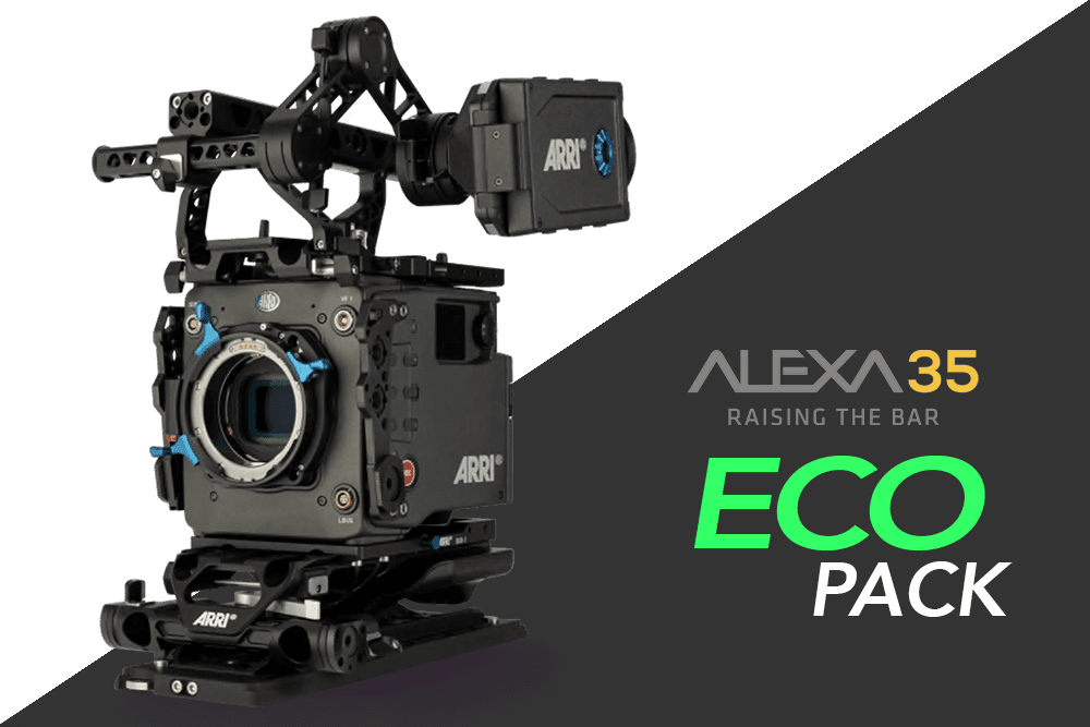 Una cámara está colocada encima de una mesa al lado de un cartel que dice Alexa 35 Eco Pack.