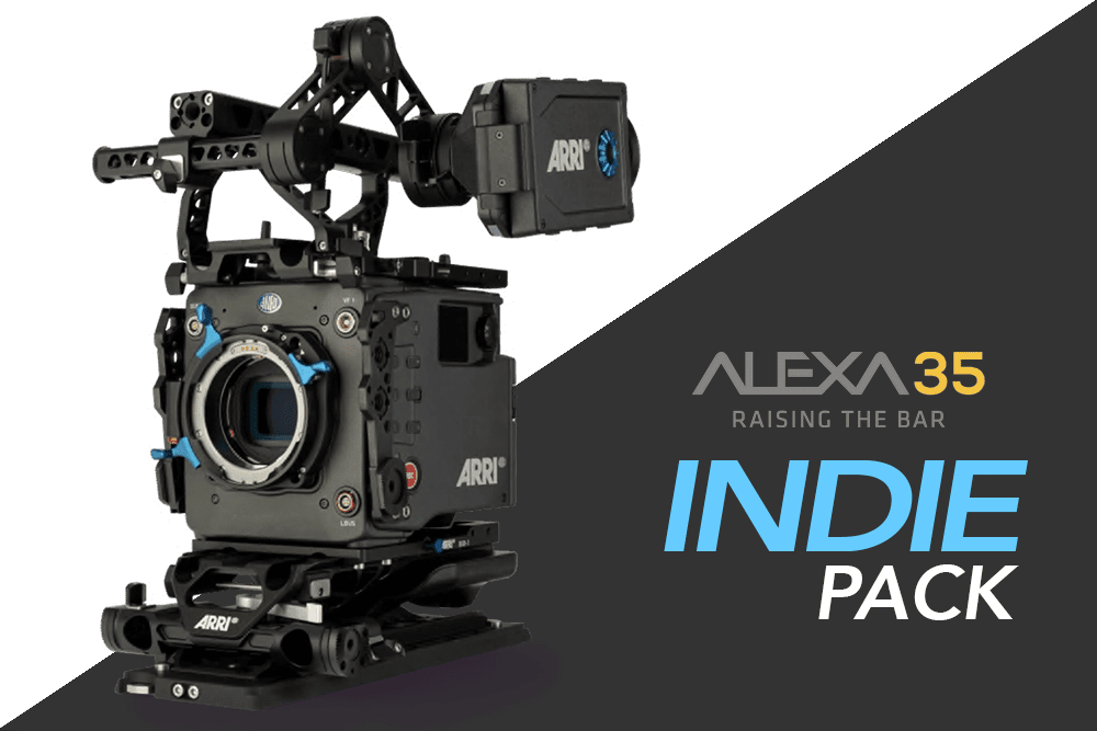 Una cámara está colocada encima de una mesa al lado de un cartel que dice Alexa 35 Indie Pack.