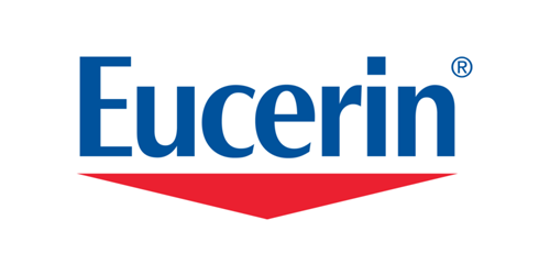 Logo Eucerin: testo blu su un triangolo rosso rovesciato, su sfondo bianco.