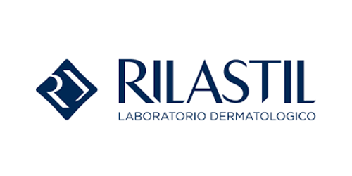 Logo del laboratorio dermatologico Rilastil, con un emblema a forma di diamante blu scuro e testo in blu scuro.