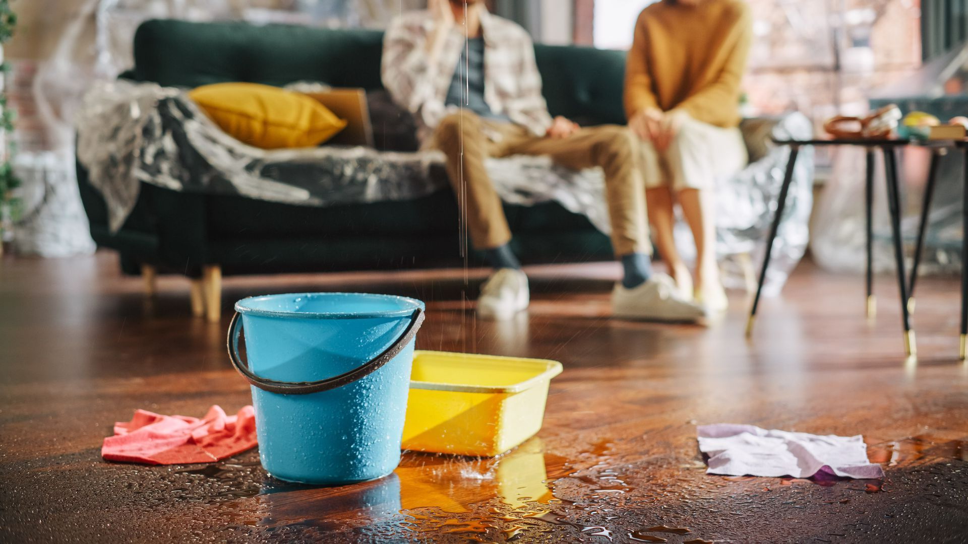De l'eau et des produits de nettoyage renversés sur le parquet d'un salon, avec un canapé en arrière-plan.