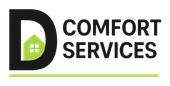 Logo avec un « D » noir contenant une icône de maison verte et le texte « COMFORT SERVICES ».