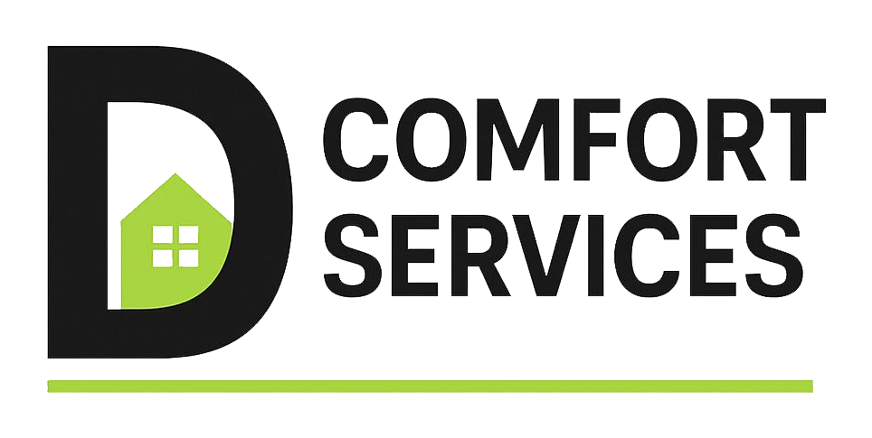 Logo avec un « D » noir contenant une icône de maison verte et le texte « COMFORT SERVICES ».