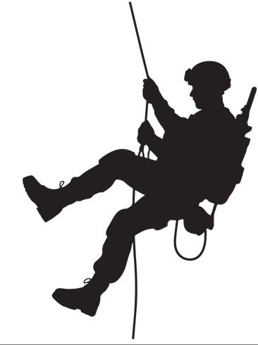 Silhouette d'un professionnel descendant en rappel sur une corde, portant un casque.