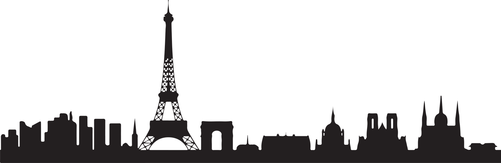Silhouette de l'horizon de Paris avec la Tour Eiffel, l'Arc de Triomphe et la cathédrale Notre-Dame.