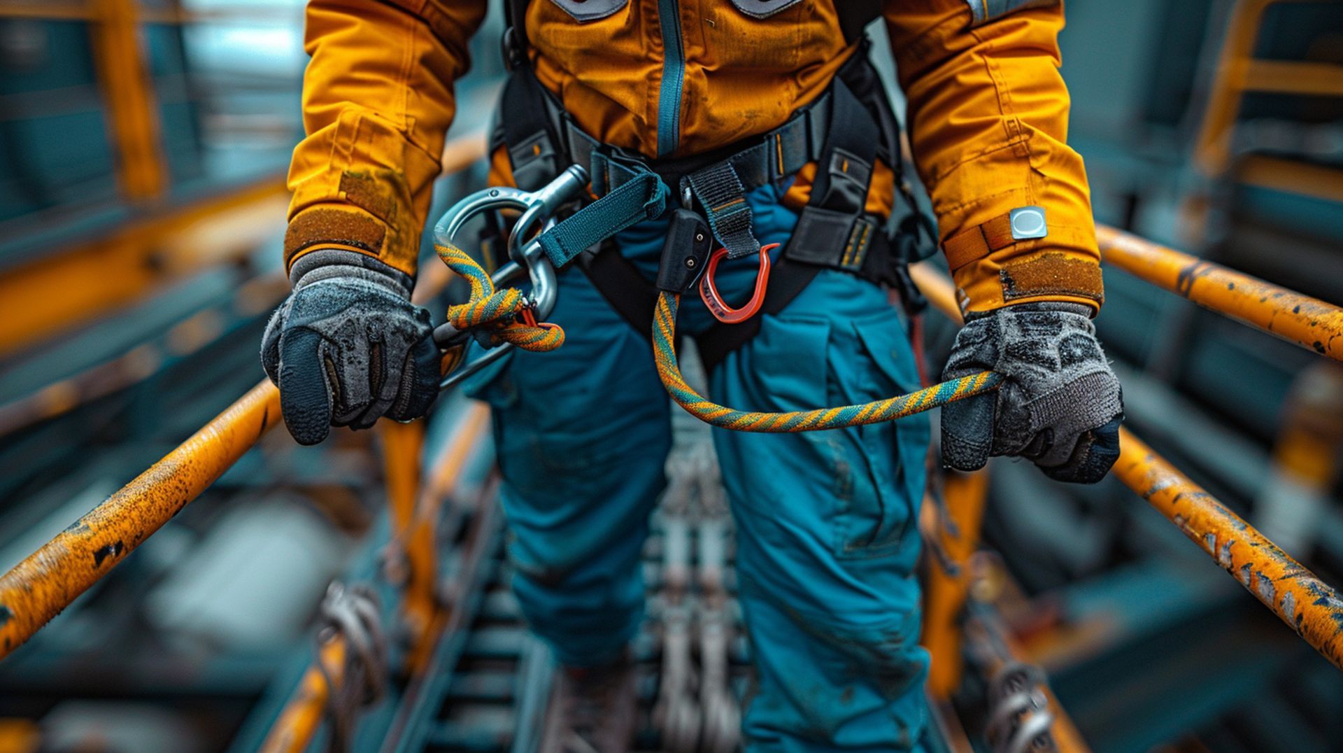 Personne en équipement de sécurité, sur une passerelle en métal jaune, tenant une corde.