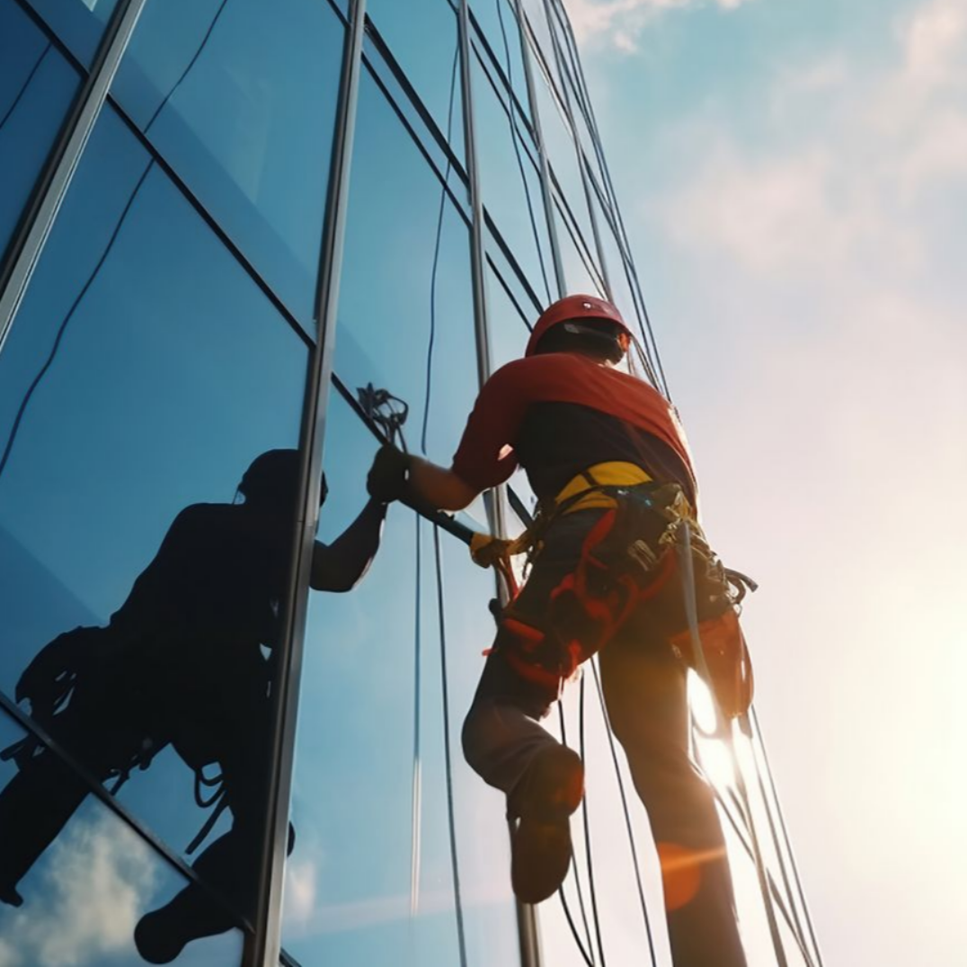 Laveur de vitres suspendu à des cordes, nettoyant un gratte-ciel. Ciel lumineux, personne portant un harnais rouge.