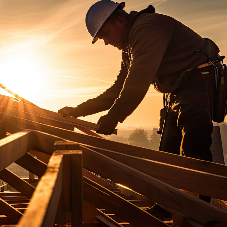 Ouvrier du bâtiment sur un toit, rétroéclairé par le soleil, construisant une charpente en bois.