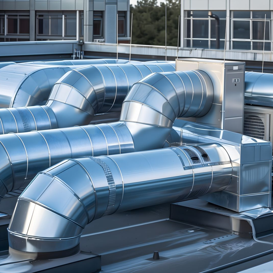 Conduits de ventilation et de climatisation métalliques sur un toit plat, inclinés et courbés sur fond de bâtiment.