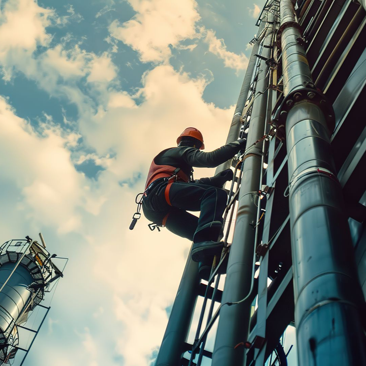 Un ouvrier portant un harnais de sécurité escalade une haute structure industrielle contre un ciel nuageux.