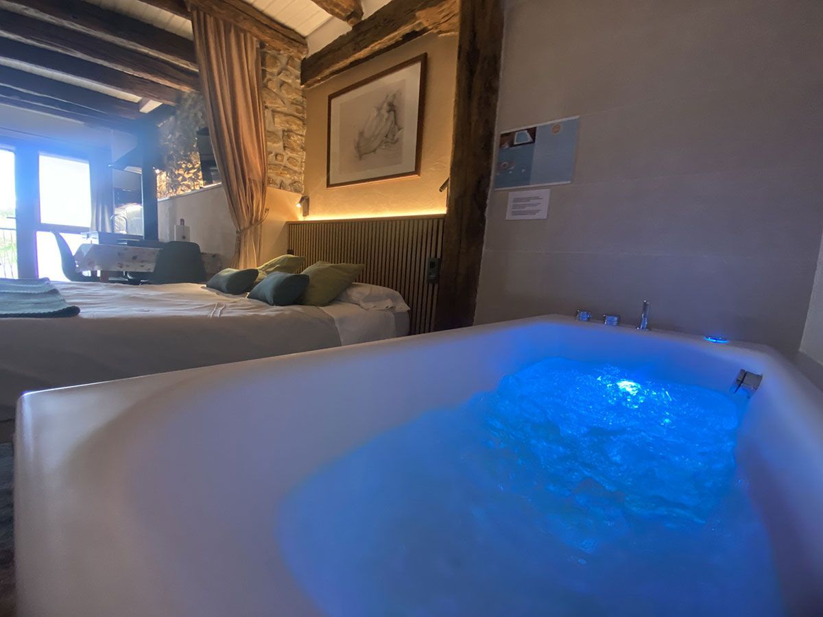 Un dormitorio con una cama y una bañera de hidromasaje.