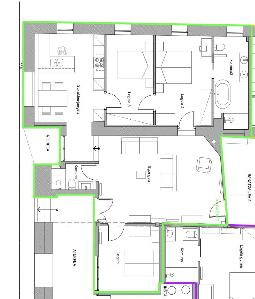 Plano de un apartamento con las habitaciones etiquetadas, en gris y verde.