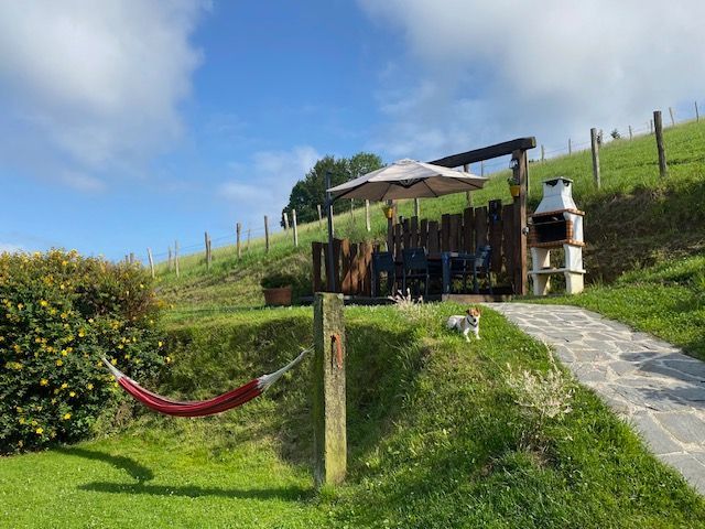 Exuberante ladera verde con hamaca, zona de barbacoa y cielo azul claro; un perro pequeño descansa cerca.