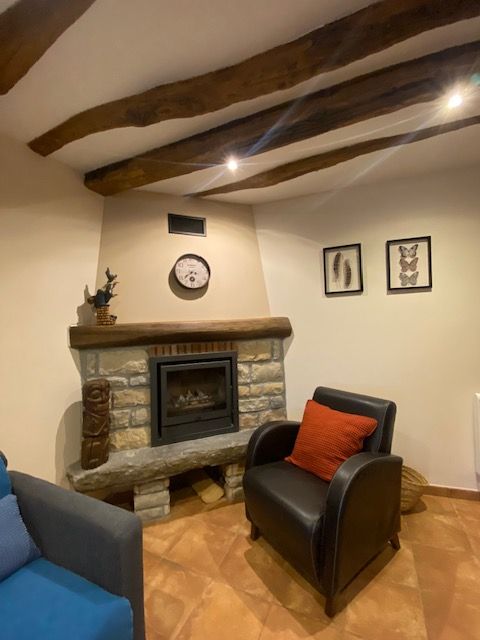 Una sala de estar con chimenea y una silla.