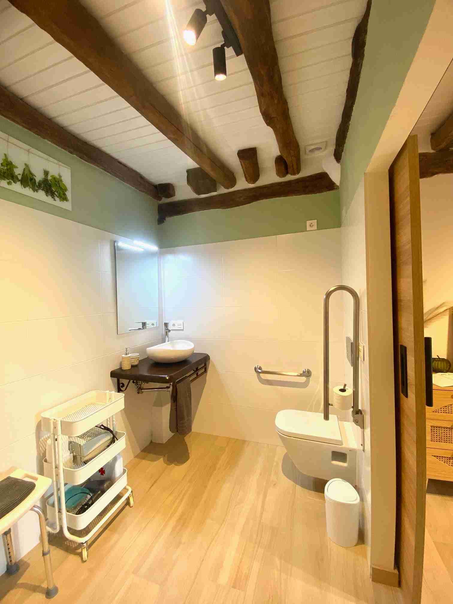 Baño accesible con barras de apoyo, inodoro, lavabo, vigas de madera y suelo de madera clara.