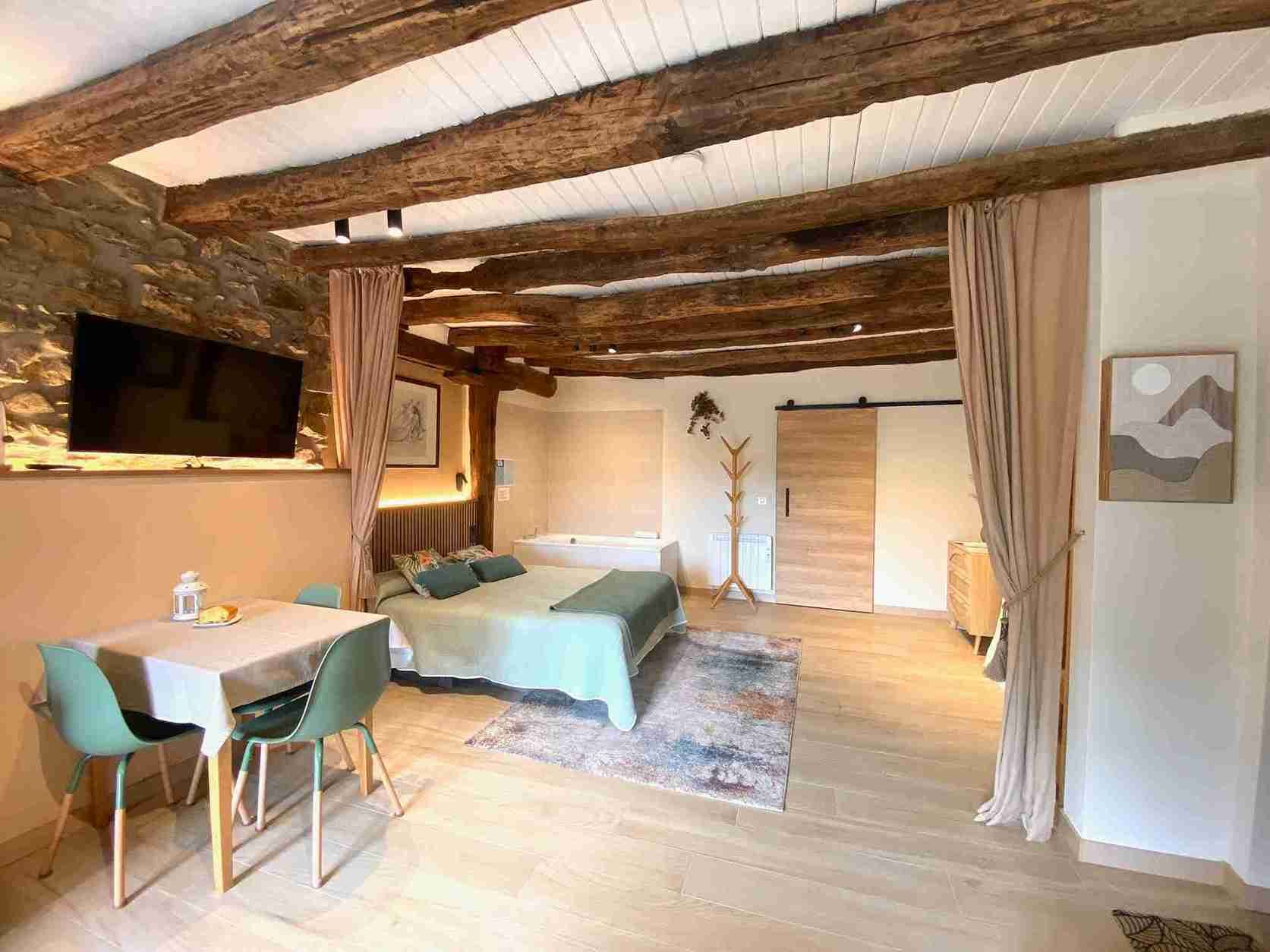 Un apartamento tipo estudio rústico con vigas de madera a la vista, paredes de piedra y una cama con ropa de cama de color verde azulado.
