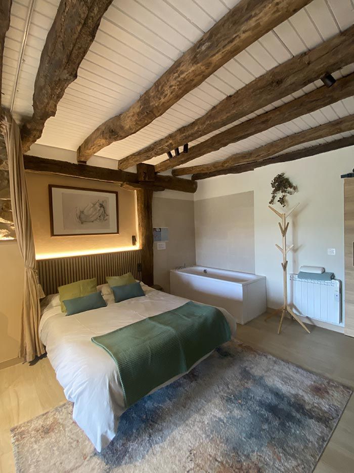 Dormitorio con cama, vigas en el techo y bañera. Detalles en verde y azul.