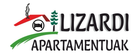 El logotipo de Lizardi Apartamentuak muestra una casa con techo rojo y árboles.