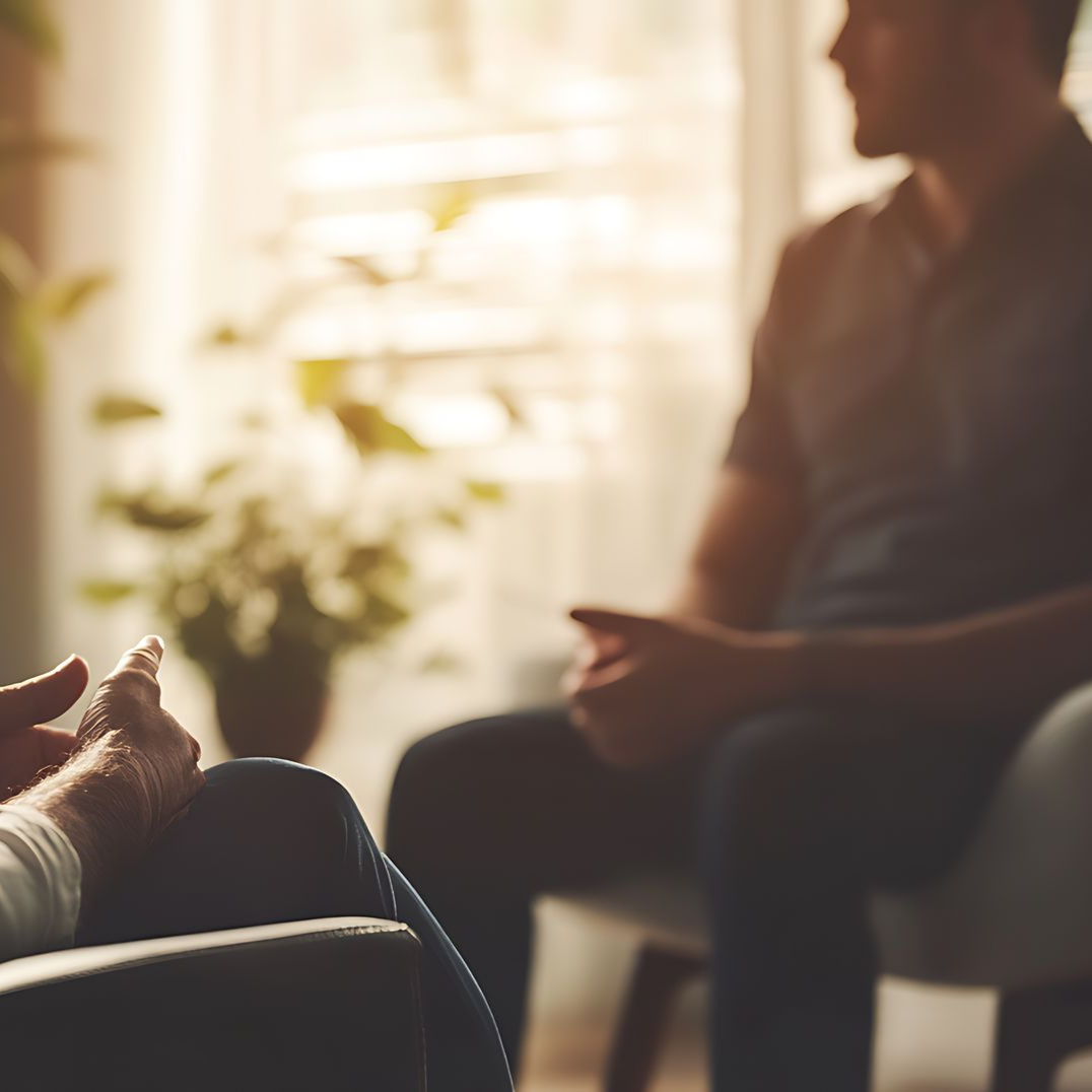 Deux personnes assises sur des chaises dans une pièce ensoleillée discutent ; une séance de thérapie est en cours.