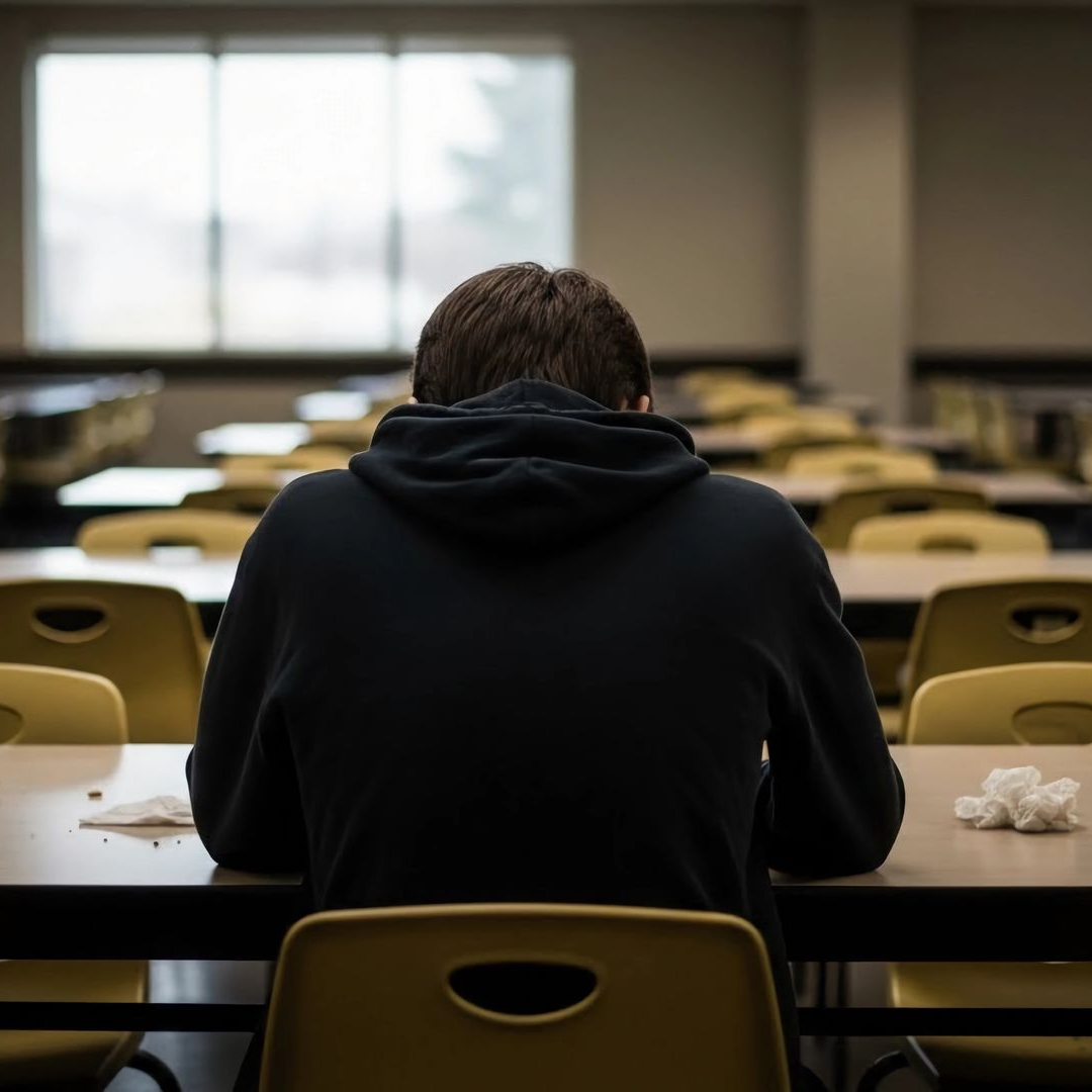 Une personne portant un sweat à capuche noir est assise seule à un bureau dans une cafétéria vide, dos à la caméra.