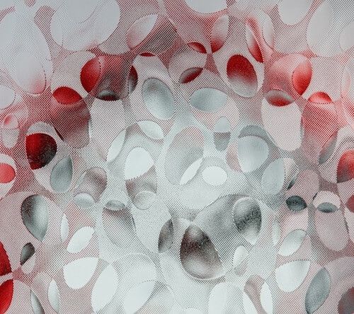 A painting of red and white leaves on a white background
